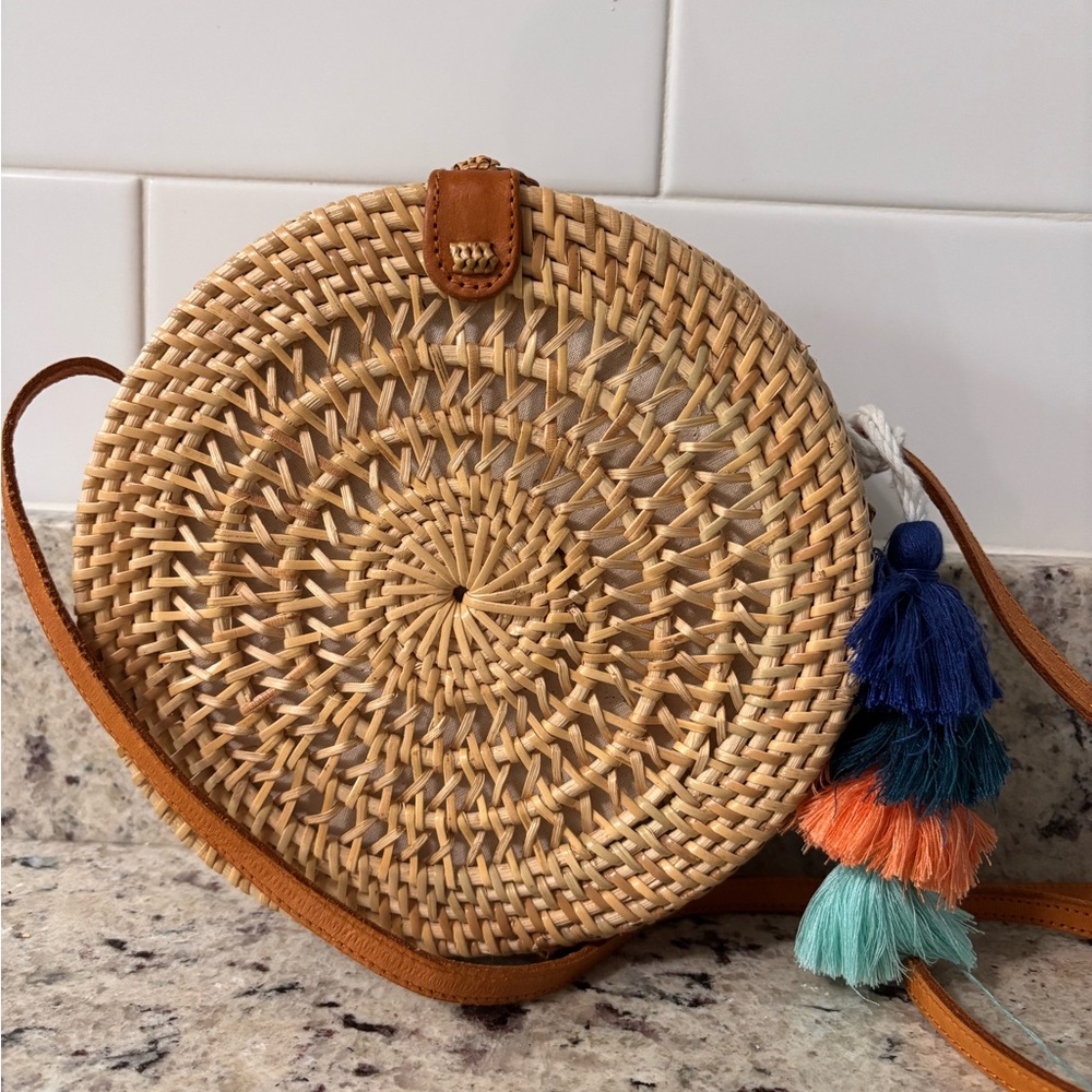 Round Woven Straw Crossbody Bag with Tassels